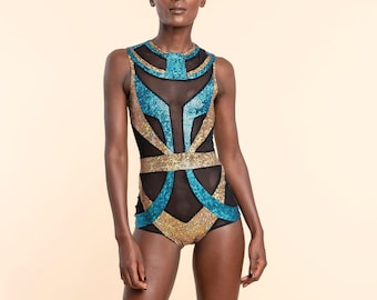 Bodysuit in Sheer Mesh, Holographic Gold & Turquoise, Circus Costume, Burning Man Costume, LENA QUIST