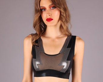 Sexy Sheer Crop Top – Black with Lightning Bolts, by LENA QUIST