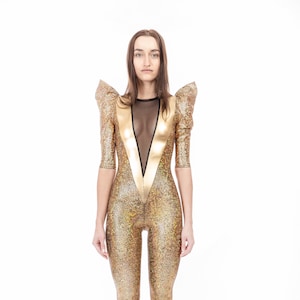 Big V Gold Spandex Festival Catsuit Jumpsuit, by LENA QUIST