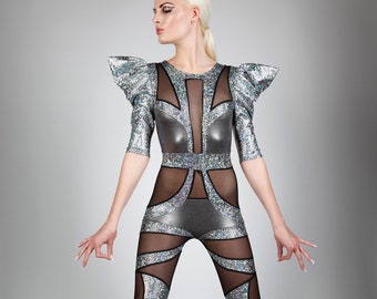 Futuristic Space Alien Silver Catsuit, Luxury Stage Costume by LENA QUIST