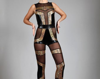 Gold & Sheer Black Spandex Geometric Art Deco Catsuit by LENA QUIST