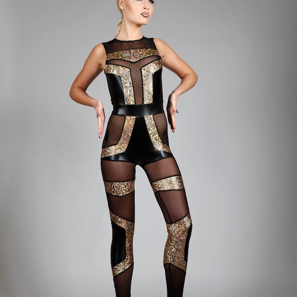 Gold & Sheer Black Spandex Geometric Art Deco Catsuit by LENA QUIST