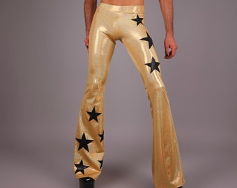 Flare Meggings, Gold Bell Bottom Leggings with Black Stars, by LENA QUIST