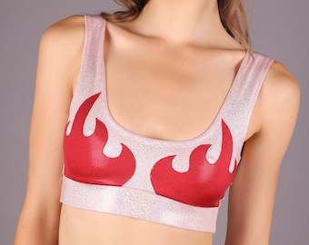 Flames Crop Top In Holographic Pink & Red, by LENA QUIST