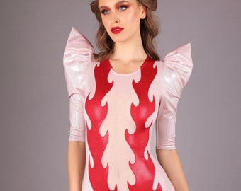 Sexy Sheer Light Pink & Red Flames Bodysuit Stage Costume by LENA QUIST