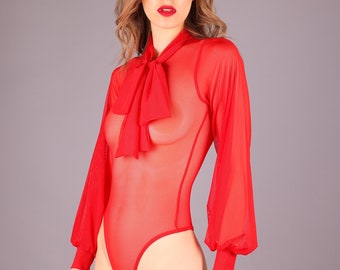 Red See Through Thong Bodysuit Leotard with Bow Neck-Tie & Long Bell Sleeves, by LENA QUIST