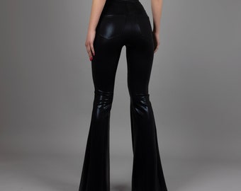 Shiny Black High Waist Bell Bottom Leggings with Jeans Back Pockets, by LENA QUIST