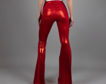 Metallic Red Flare Bell Bottom Leggings with Jeans Back Pockets and High Waist, by LENA QUIST