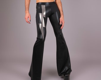 Black Meggings with Lightning Bolt, Men's Glam Rock Stage Flare Leggings, by Lena Quist