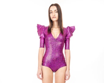 Retro Glam Pink Glitter Bodysuit Stage Festival Costume, LENA QUIST