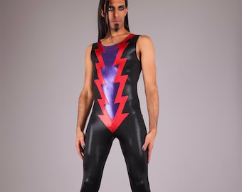 Men's Lightning Bolt Jumpsuit Catsuit, David Bowie Glam Rock Stage Costume, by LENA QUIST