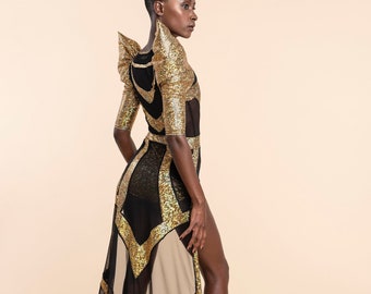 Egyptian Queen Luxury Bodysuit with Train Costume in Holographic Gold & Sheer Black, by LENA QUIST