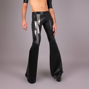 Black Meggings with Lightning Bolt, Men&#39;s Glam Rock Stage Flare Leggings, by Lena Quist