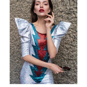 David Bowie Halloween Costume, Ziggy Stardust Lightning Bolt Jumpsuit In Holographic White, Red & Turquoise Blue Spandex, by LENA QUIST