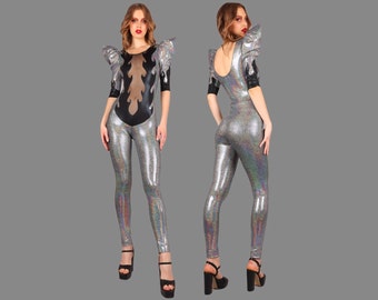 Black Flames Jumpsuit In Holographic Silver & Black with a Sheer Mesh Front Panel, by LENA QUIST