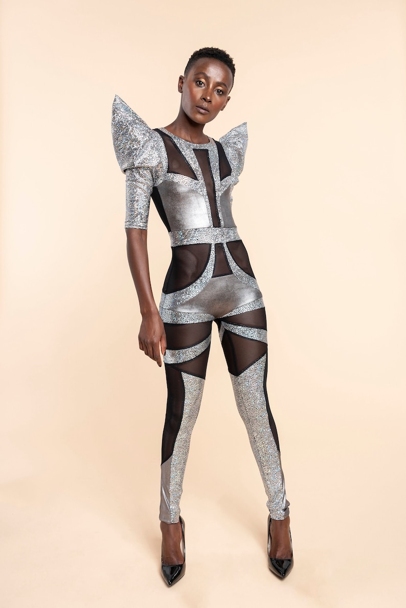 Futuristic Space Alien Silver Catsuit, Luxury Stage Costume by LENA QUIST image 5