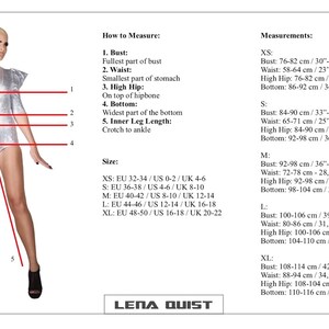 May include: A woman in a silver bodysuit with measurements and sizing information. The image includes bust, waist, high hip, bottom, and inner leg length measurements in both inches and centimeters. The text includes the brand name "LENA QUIST".