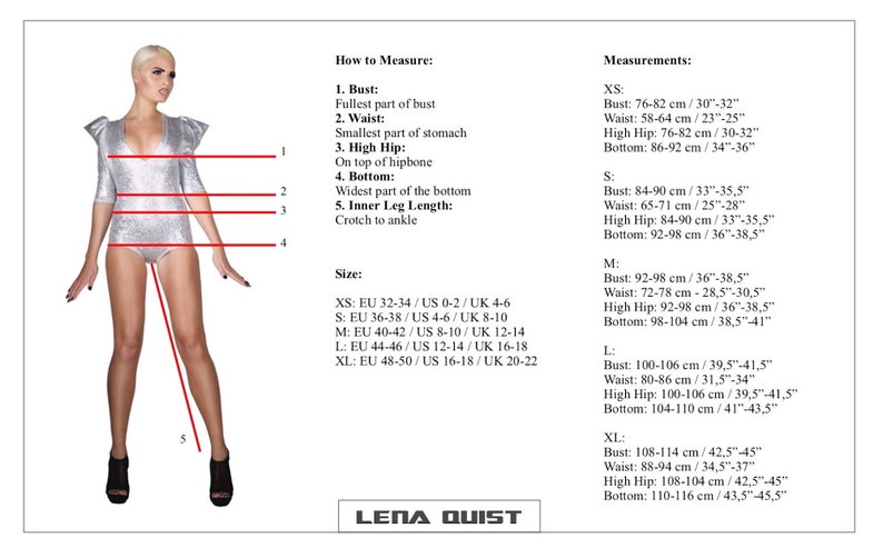 May include: A woman in a silver bodysuit with measurements and sizing information. The image includes bust, waist, high hip, bottom, and inner leg length measurements in both inches and centimeters. The text includes the brand name "LENA QUIST".