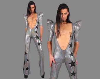 Men's Sexy Jumpsuit Catsuit In Silver Holographic With Black Stars, Glam Rock Stage Costume, by LENA QUIST