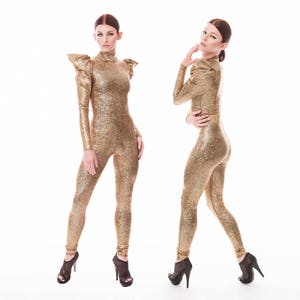 Futuristic Holographic Gold Catsuit Circus Dance Costume, by LENA QUIST