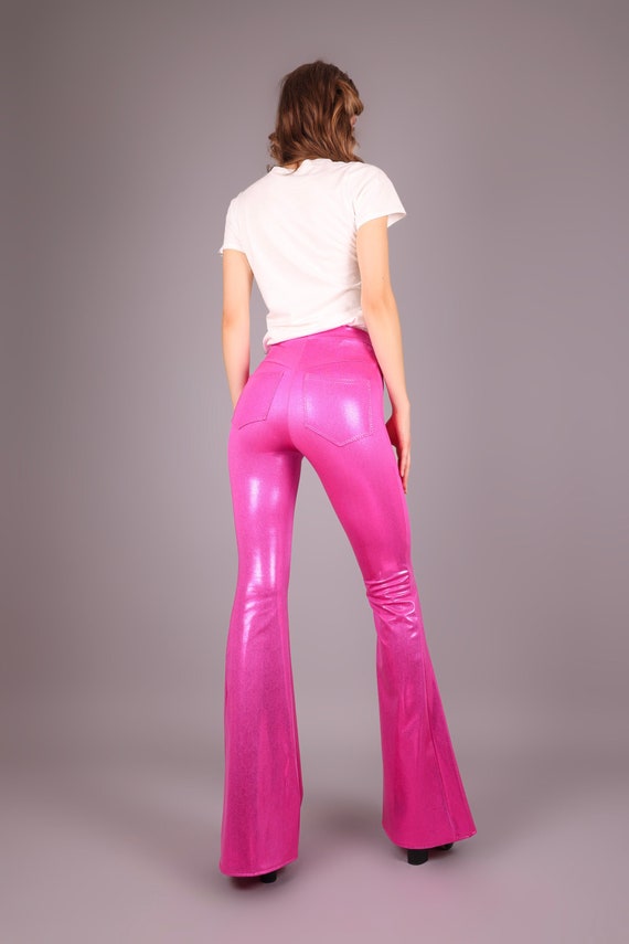 Hot Pink Flare Bell Bottom Leggings With High Waist & Jeans Back