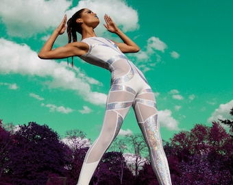 Futuristic Luxury Bridal Jumpsuit Catsuit in White & Holographic Silver Spandex, by LENA QUIST