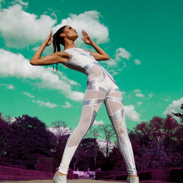 Futuristic Luxury Bridal Jumpsuit Catsuit in White & Holographic Silver Spandex, by LENA QUIST