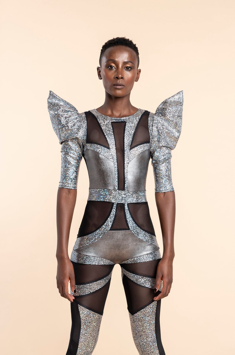 Futuristic Space Alien Silver Catsuit, Luxury Stage Costume by LENA QUIST image 6
