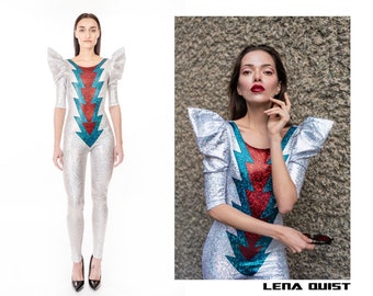 David Bowie Ziggy Stardust Lightning Bolt Catsuit Jumpsuit Stage Costume, by LENA QUIST