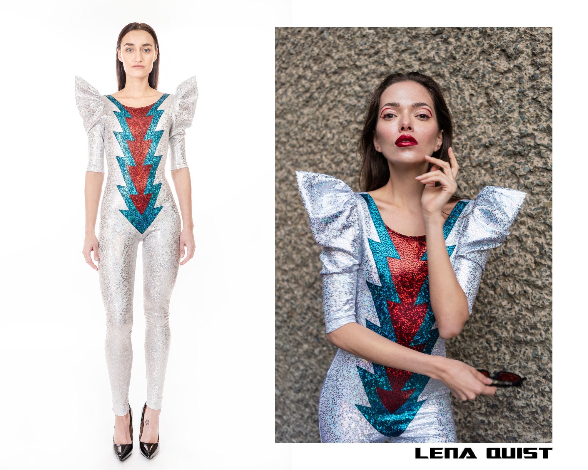 LenaQuistDesign David Bowie Ziggy Stardust Lightning Bolt Catsuit Jumpsuit Stage Costume, by Lena Quist