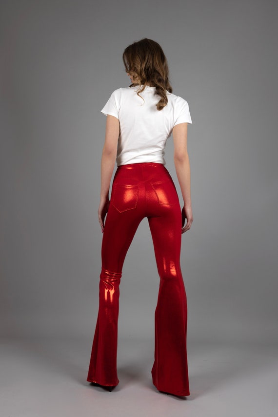 Metallic Red Flare Bell Bottom Leggings With Jeans Back Pockets and High  Waist, by LENA QUIST 
