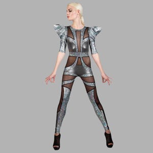 Futuristic Space Alien Silver Catsuit, Luxury Stage Costume by LENA QUIST