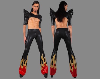 Men's Flames Flare Leggings Meggings, Glam Rock Stage Pants, by Lena Quist