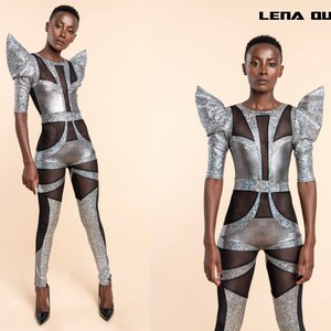 Futuristic Space Alien Silver Catsuit, Luxury Stage Costume by LENA QUIST image 7