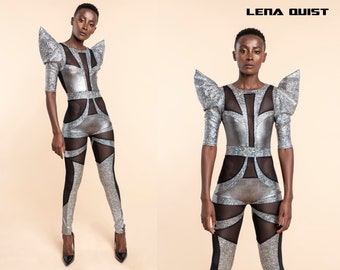 High End Luxury Costume, Futuristic Space Alien Silver Catsuit, LENA QUIST