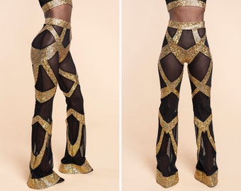 High Waisted Bell Bottom Leggings in Holographic Gold & Sheer Black Mesh by LENA QUIST