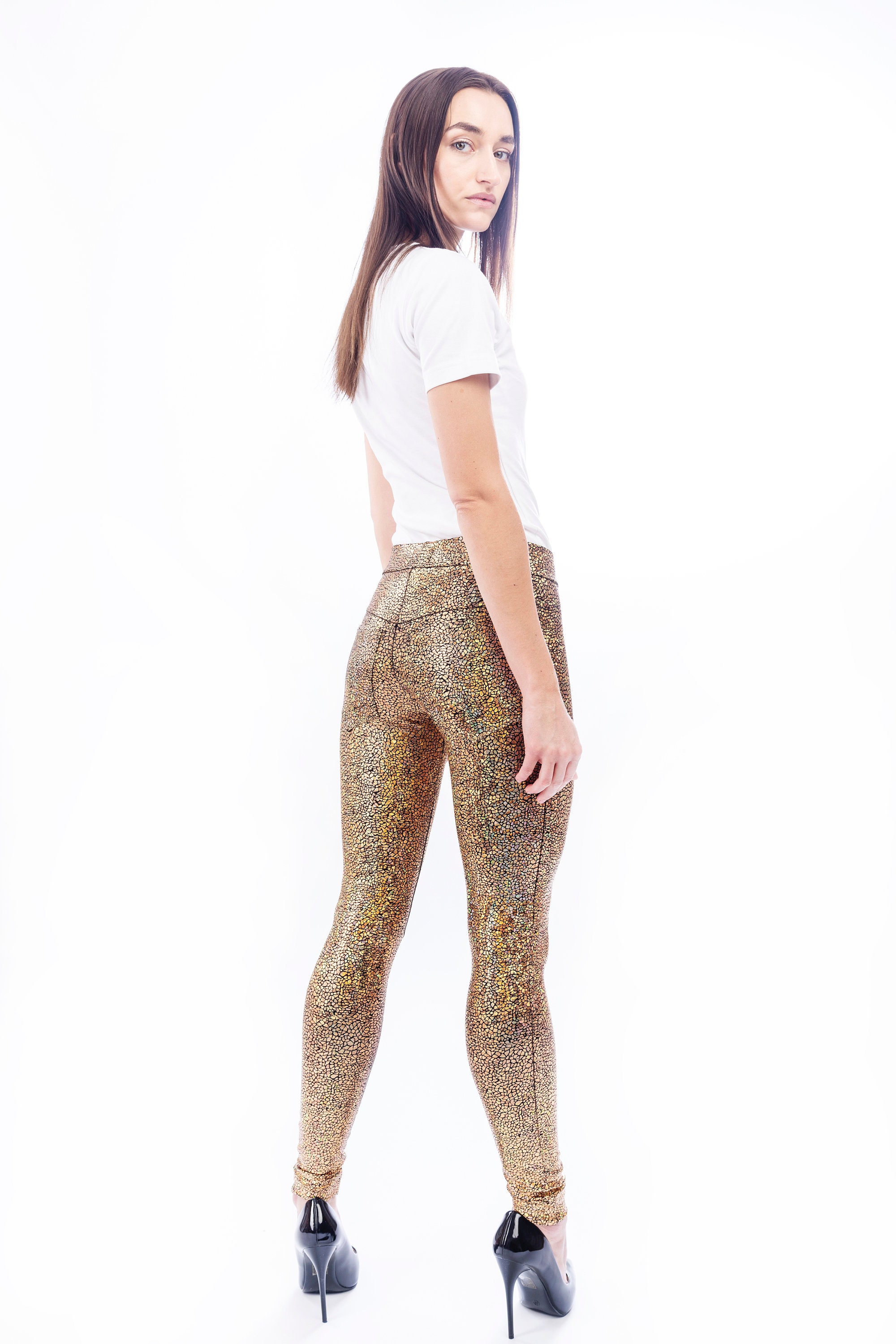 Gold Leggings w. Jeans Back, Holographic Leggings, Meggings, LENA QUIST