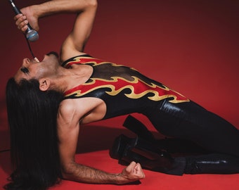 Men&#39;s Flames Jumpsuit Catsuit In Black Red & Gold With See-Through Mesh Front Panel, by LENA QUIST