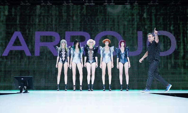 Arrojo NYC Matrix style hair show in Berlin featuring futuristic bodysuits in silver and black by designer Lena Quist