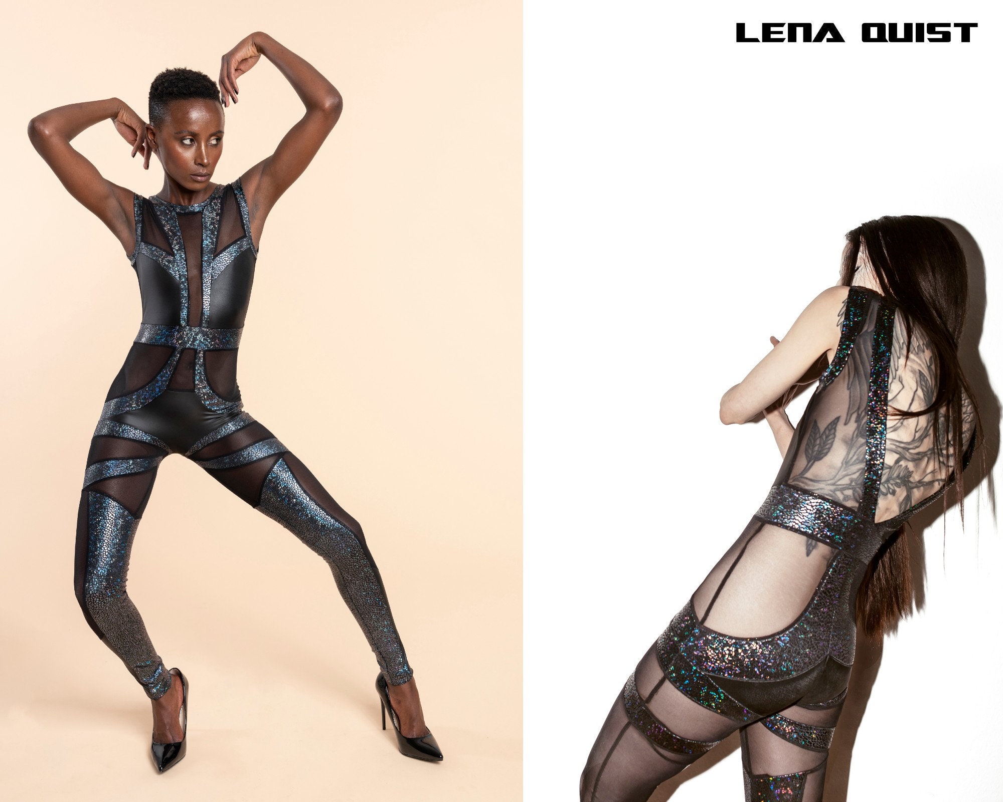 Sheer, Matte & Holographic Black Spandex Cyberpunk Luxury Fashion Catsuit,  by LENA QUIST -  Denmark