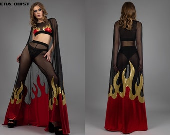 Hellfire Flames Cape Top In Black Mesh & Glitter Red Gold Spandex, by LENA QUIST
