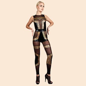 Gold & Sheer Black Spandex Geometric Art Deco Catsuit by LENA QUIST