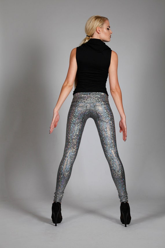 Futuristic Holographic Silver Leggings W. Jeans Back Pockets, LENA QUIST 