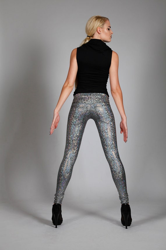 Futuristic Holographic Silver Leggings W. Jeans Back Pockets, LENA