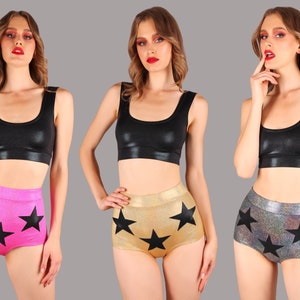 Sexy High Waist Booty Shorts Hotpants in Holographic Silver, Gold, Hot Pink with Black Stars, by LENA QUIST