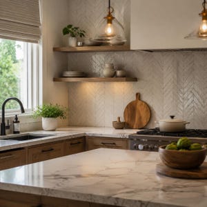 Pode incluir: Uma cozinha moderna com bancada em mármore, armários de madeira e fogão em aço inoxidável. O backsplash apresenta um padrão de espinha de peixe branco. Prateleiras de madeira exibem pratos e itens decorativos. Uma tábua de corte de madeira e uma tigela de frutas verdes são visíveis.
