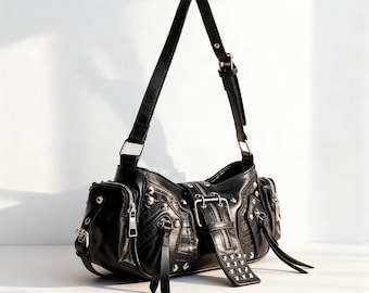 Durable Studded Leather Hobo Bag | Witch Goth Purse | Grunge off