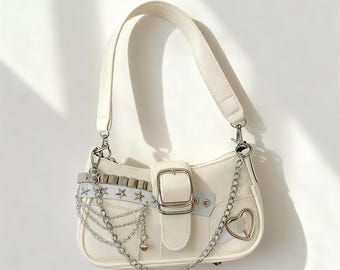 Bolso de hombro gótico con cadena y remaches de estrella, bolso con cinturón punk, bolso cruzado blanco Y2K, bolso vintage grunge, bolso bandolera, el mejor regalo.