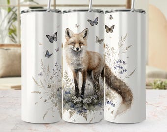 Fox Butterflies Woodland Tumbler Wrap, Watercolor Nature Sublimation Design (Digital PNG)