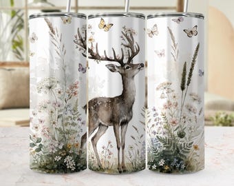 Whimsical Watercolor Deer PNG, Woodland Floral Antlers Butterflies Clipart (Digital File)